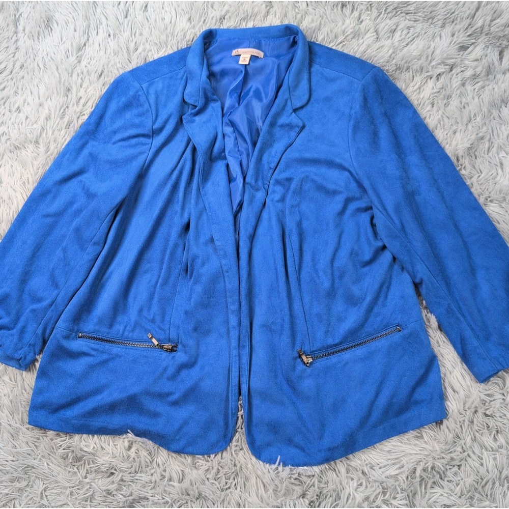 CB Jacket Womens 1X Blue Blazer Open Front Faux Suede Faux Pockets Soft Comfy